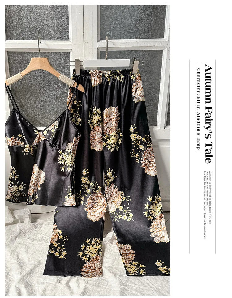 2pcs Women’s Summer Pajama Set – Printed Silk Suspenders Top & Long Pants Breathable Homewear