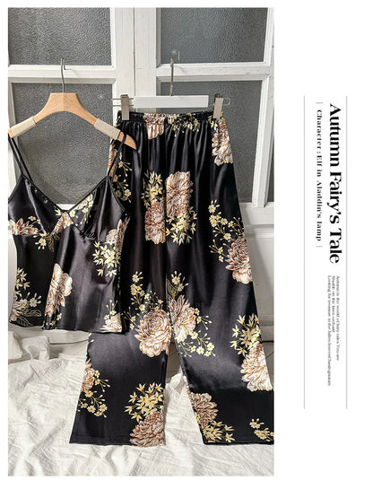 2pcs Women’s Summer Pajama Set – Printed Silk Suspenders Top & Long Pants Breathable Homewear
