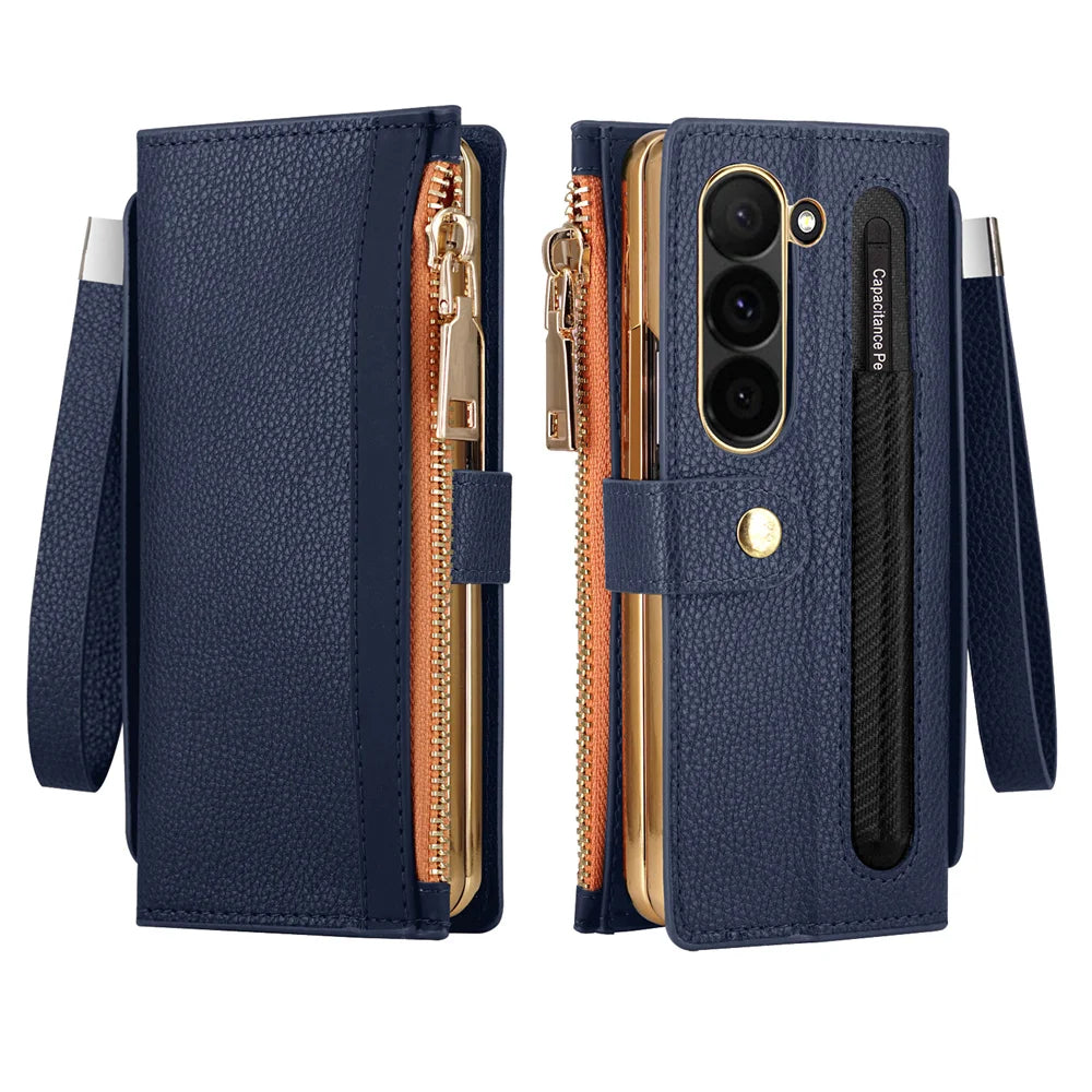 Leather Card Wallet Case with S Pen Slot for Samsung Galaxy Z Fold 6/5/4/3/2 — Multifunctional Zipper Protection Cover