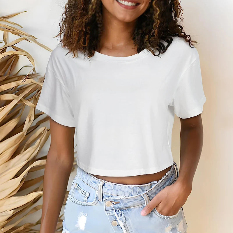 Harajuku Y2K Women’s White Crop Top – Casual Short Loose Summer Tee