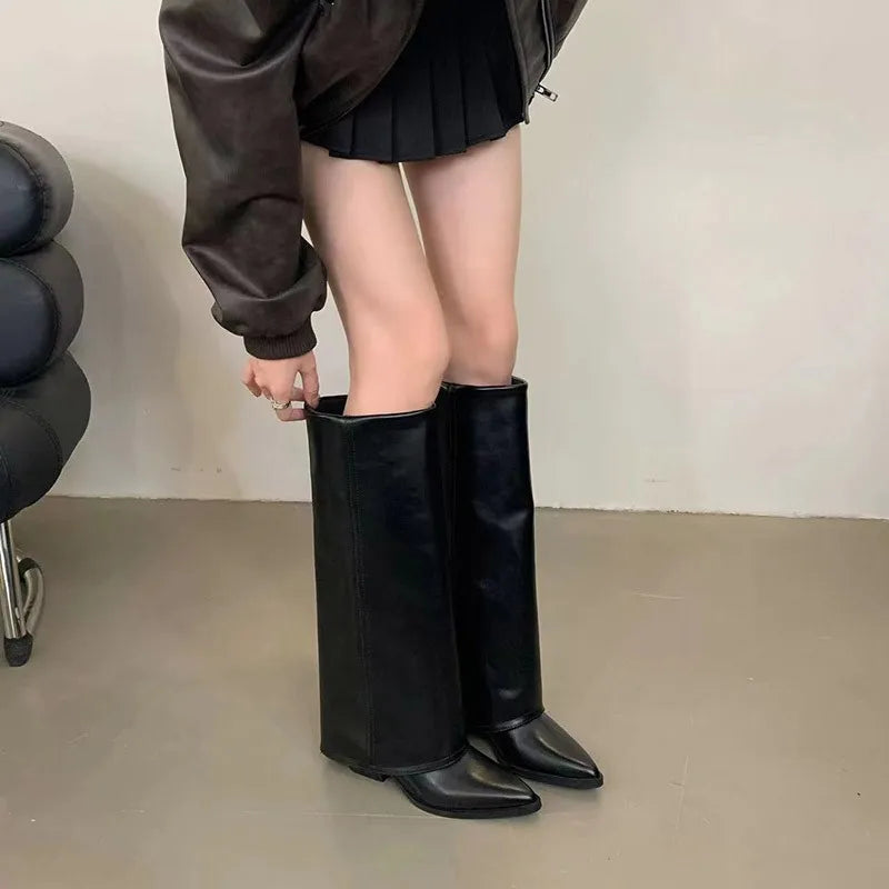 Khaki Wide Knee-High Women’s Boots – Pointed Toe Winter Shoes with Low Dwarf Heel
