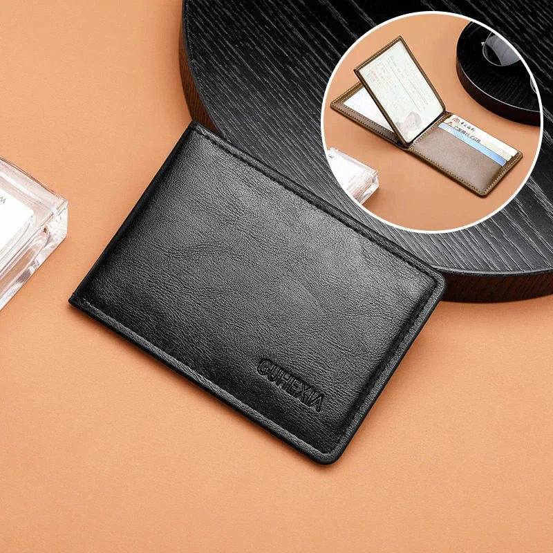 Retro Leather Driver’s License Wallet – Ultra-Thin Men’s ID Card Holder with Coin Purse, Multifunctional Slim Solid Color Short Wallet