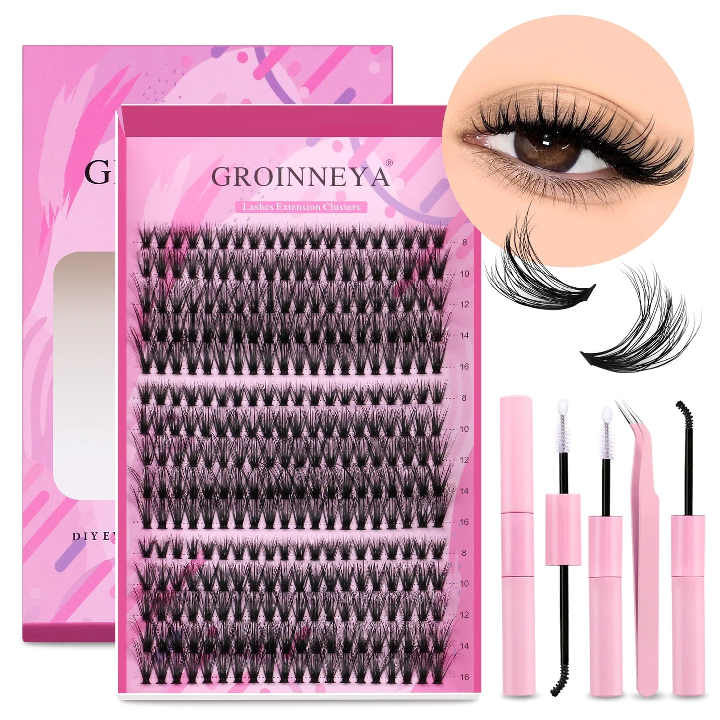 GROINNEYA DIY Lash Extension Kit – Individual & Cluster Lashes Full Set with Lash Bond and Seal for At-Home Use