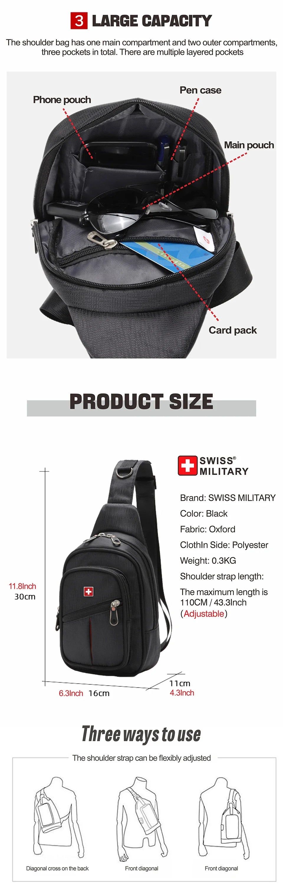 SWISS Men’s Chest Bag – Outdoor Waterproof Shoulder Crossbody Bag, Large Space, Practical & Durable Sling Bag for Men