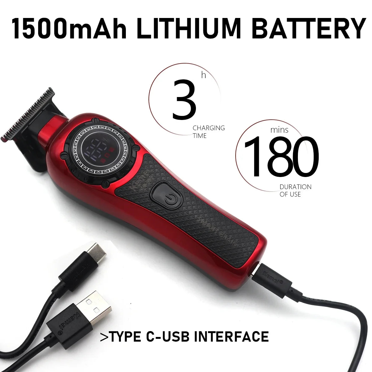 Kemei KM-999 Hair Trimmer for Men – DLC T-Blade, Zero Gapped, LED Display, Cordless USB Professional Hair Clipper