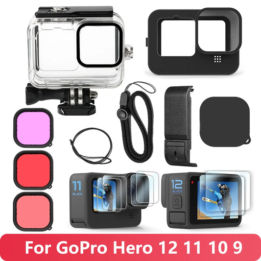 GoPro Hero 9–13 Waterproof Housing & Silicone Sleeve Case – Screen Protector, Battery Side Cover, and Filter Accessories