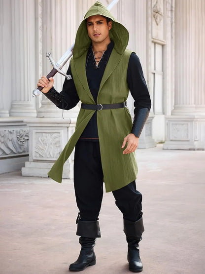 Runcati Men’s Renaissance Costume – Hooded Medieval Knight Surcoat Sleeveless Tunic Tabard for Halloween & Viking Dress-Up
