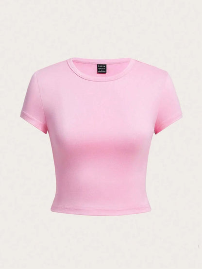 Y2K Women’s Solid Cotton Crop Top – Short Sleeve, High-Elastic O-Neck T-Shirt for Summer Streetwear & Sporty Fashion