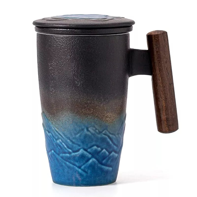 Vintage Luxury Ceramic Bubble Tea Cup with Wooden Handle - Large Thermal Coffee Mug and Personalized Tableware Gift