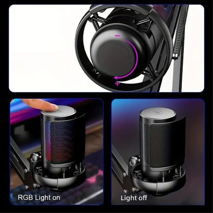 USB RGB Condenser Microphone with Metal Boom Stand – Gaming & Studio Recording Desktop Mic for Esports and Calls