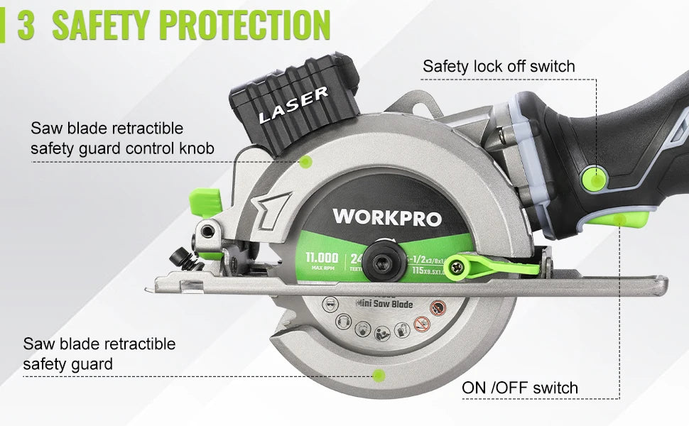 WORKPRO 20V Cordless Circular Saw with 115mm Blade – 710W Electric Power Tool for Wood & Tile Cutting (Laser & No Laser Options)
