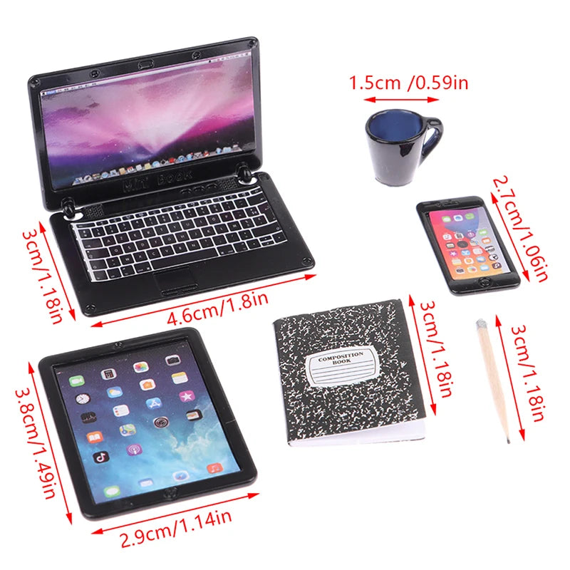 6–7PCS 1:12 Dollhouse Miniature Study Desk Set — Laptop, Phone, Tablet, Lamp & Books Scene Decor