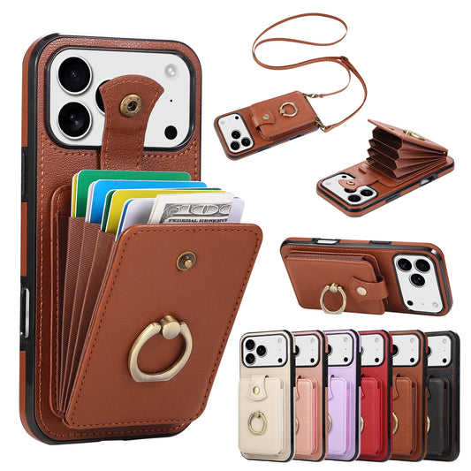 Leather Crossbody Wallet Phone Case with Zipper Card Slots – Lanyard Ring Holder Cover for iPhone 17/16/15/14/13/12/11 Pro Max & Plus