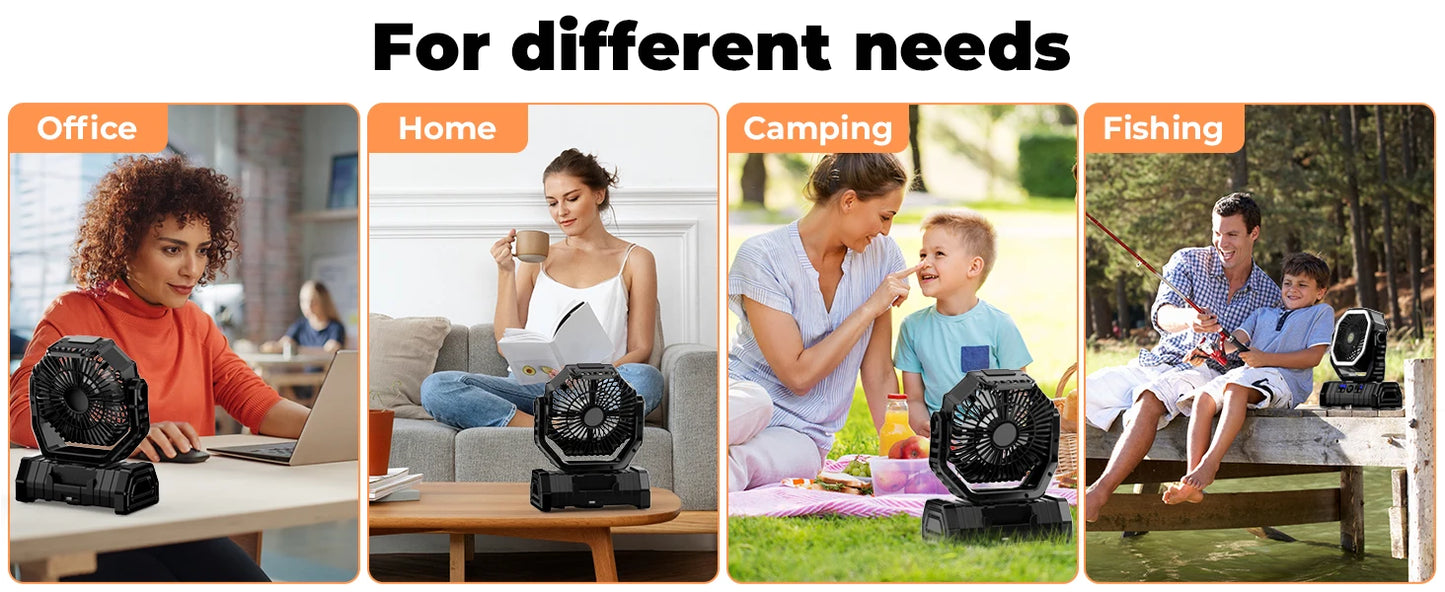 20000mAh Portable Camping Fan — Rechargeable Battery-Powered Outdoor Tent Fan with LED Light, Hanging Hook & 4-Speed Wind