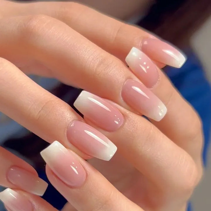 24Pcs Square Press On Nails - Nude White Gradient French False Nail Tips with Full Cover Short Design