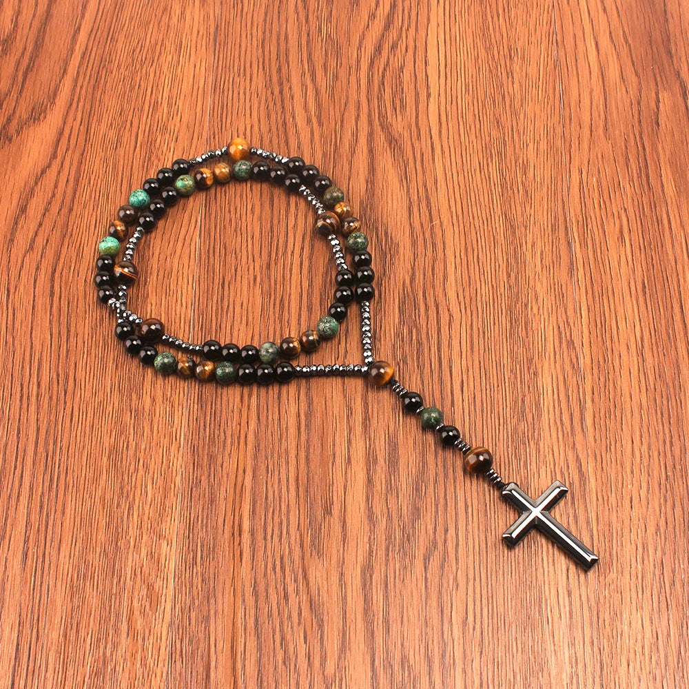 Natural Stone African Turquoise & Tiger Eye Rosary Necklace – Beaded Cross Pendant Religious Jewelry for Men & Women Spiritual Gift
