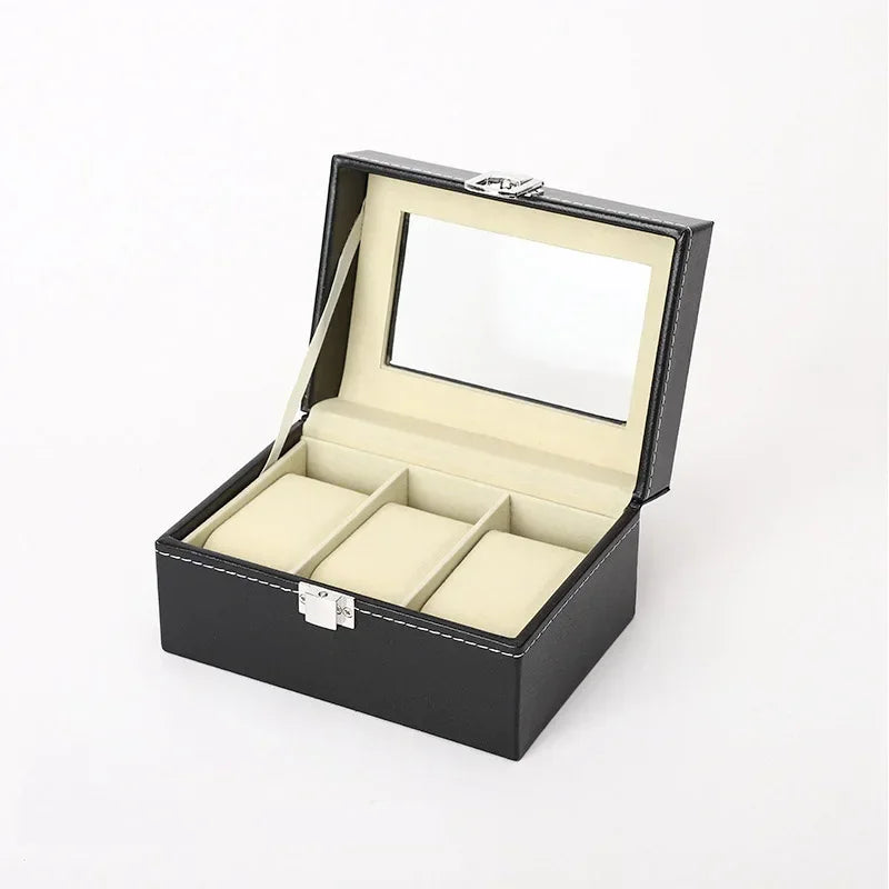 PU Leather Watch Display Box — Glass Top Storage Organizer with Slots for Men’s Watches, Perfect Gift