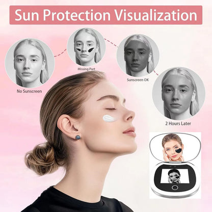 Travel Compact UV Mirror with Camera & LED Lights – 2X Magnification Makeup Mirror for Facial Sunscreen Check