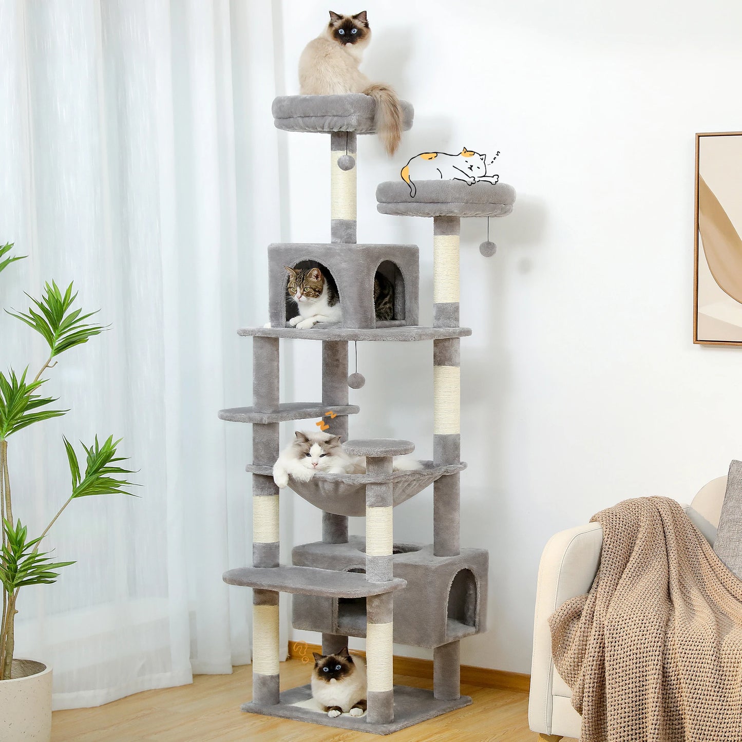 Large Indoor Cat Tree Tower with Sisal Scratching Posts, Hammock, Padded Perches & Condos – Cat Toys and Activity Center