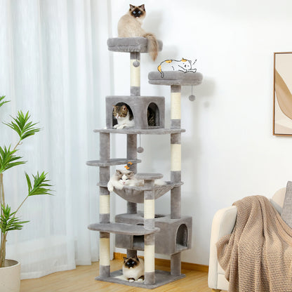 Large Indoor Cat Tree Tower with Sisal Scratching Posts, Hammock, Padded Perches & Condos – Cat Toys and Activity Center