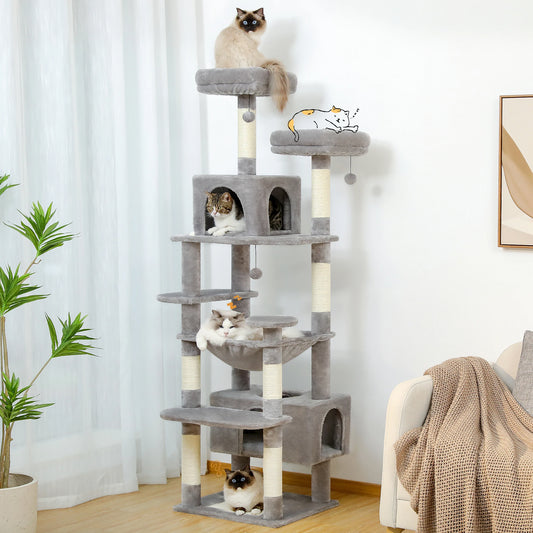 Large Indoor Cat Tree Tower with Sisal Scratching Posts, Hammock, Padded Perches & Condos – Cat Toys and Activity Center