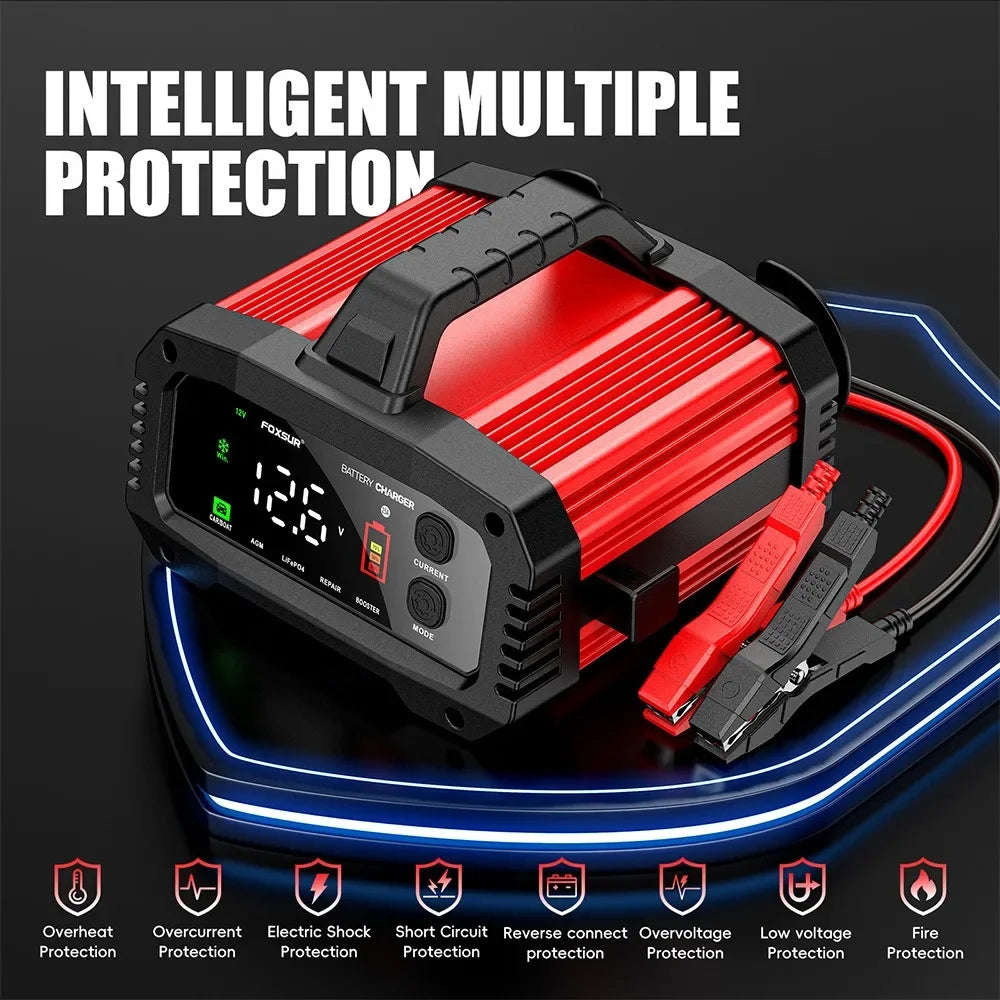 Portable 25A/15A Smart Car Battery Charger — 12V/24V AGM, GEL, LiFePO4 Motorcycle & Car Booster with Pulse Repair