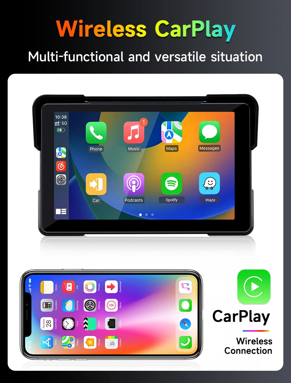 5/7 Inch Motorcycle CarPlay DVR Navigation GPS Monitor – Wireless Android Auto, Airplay, IPX7 Waterproof Portable Display