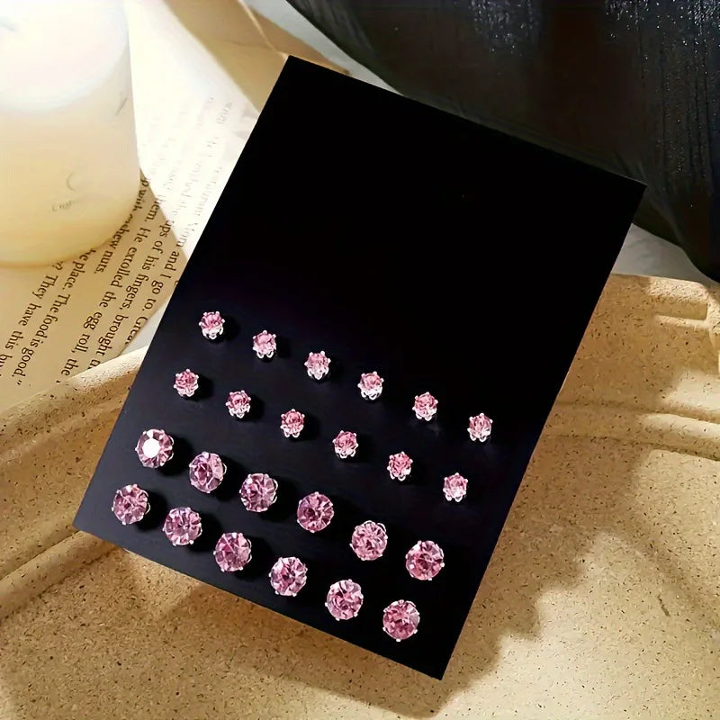 12 Pairs Luxurious Zirconia Earrings Set – Shiny Elegant Simple Stud Jewelry Gift for Parties, Couples & Daily Wear