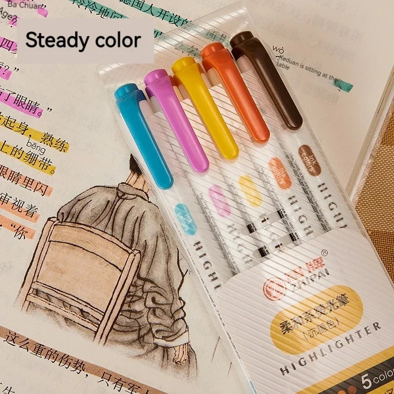 5-Color Double-Ended Highlighter Pen Set - Cute Pastel Fluorescent Markers for Drawing, Art, and Japanese-Style Stationery