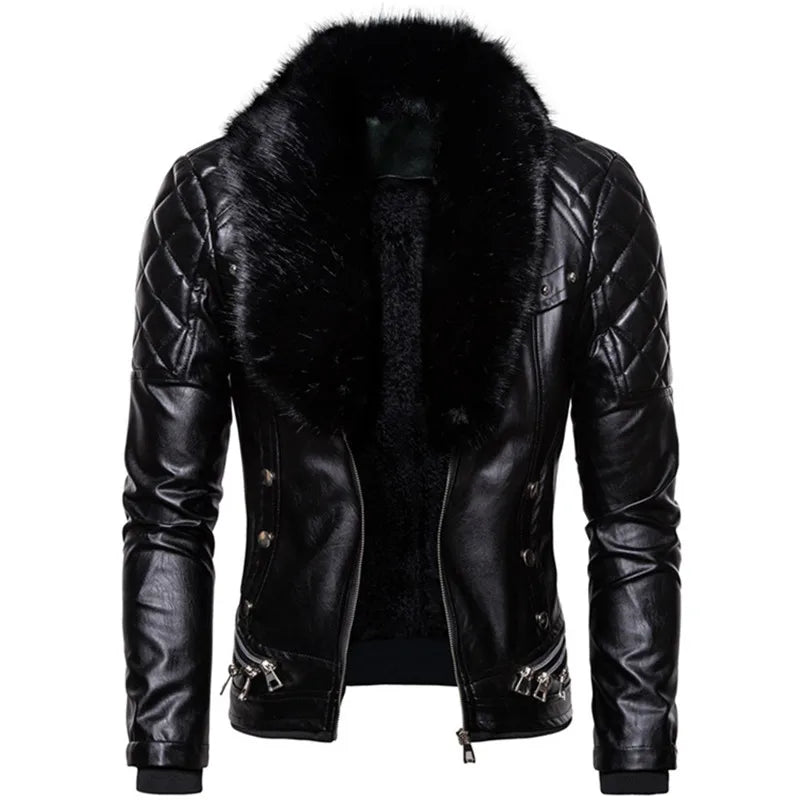 Men's Winter Fleece Motorcycle Jacket - Fur Collar Slim Fit Warm PU Leather Biker Bomber Coat