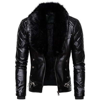 Men's Winter Fleece Motorcycle Jacket - Fur Collar Slim Fit Warm PU Leather Biker Bomber Coat
