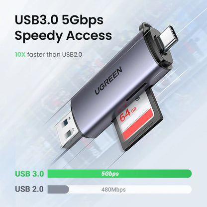 UGREEN USB 3.0 & USB-C Card Reader - SD MicroSD TF Memory Card Adapter for PC, Laptop & Thunderbolt 3 Devices