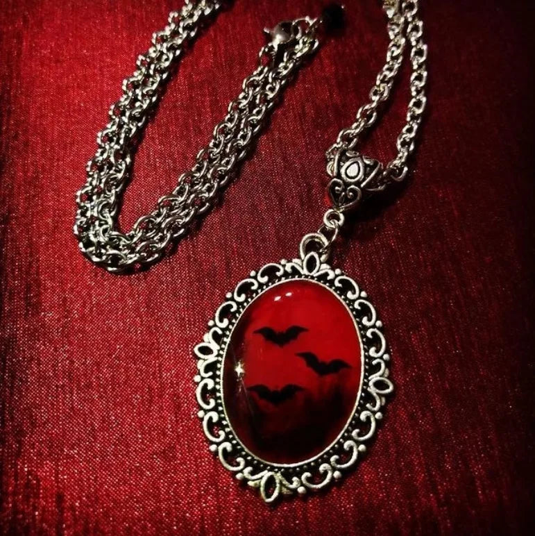 Gothic Vampire Blood Drop Necklace — Vintage Purple & Red Bat Eye Pendant, Witch Jewelry Accessory Gift for Women