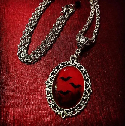 Gothic Vampire Blood Drop Necklace — Vintage Purple & Red Bat Eye Pendant, Witch Jewelry Accessory Gift for Women