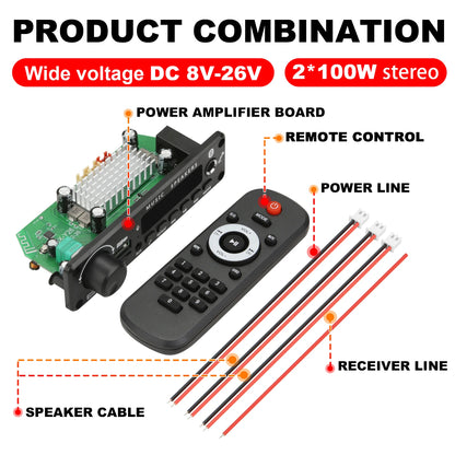 200W Bluetooth Amplifier Board - DIY MP3 WAV Decoder with USB, TF Card, FM Radio & Microphone, DC 12V