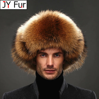 Men's Luxury Fox Fur Lei Feng Hat with Ear Flaps - 100% Sheepskin Top, Real Fur Winter Cap