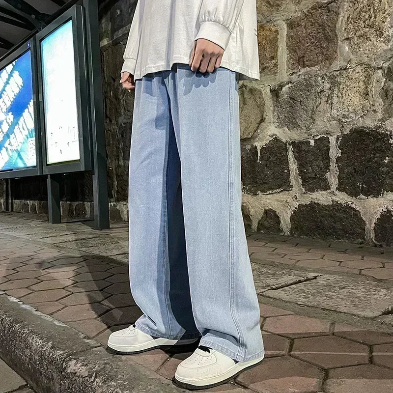 Men’s Loose Straight Leg Jeans - 2026 Streetwear Wide-Leg Fashion Pants in Black & Light Blue