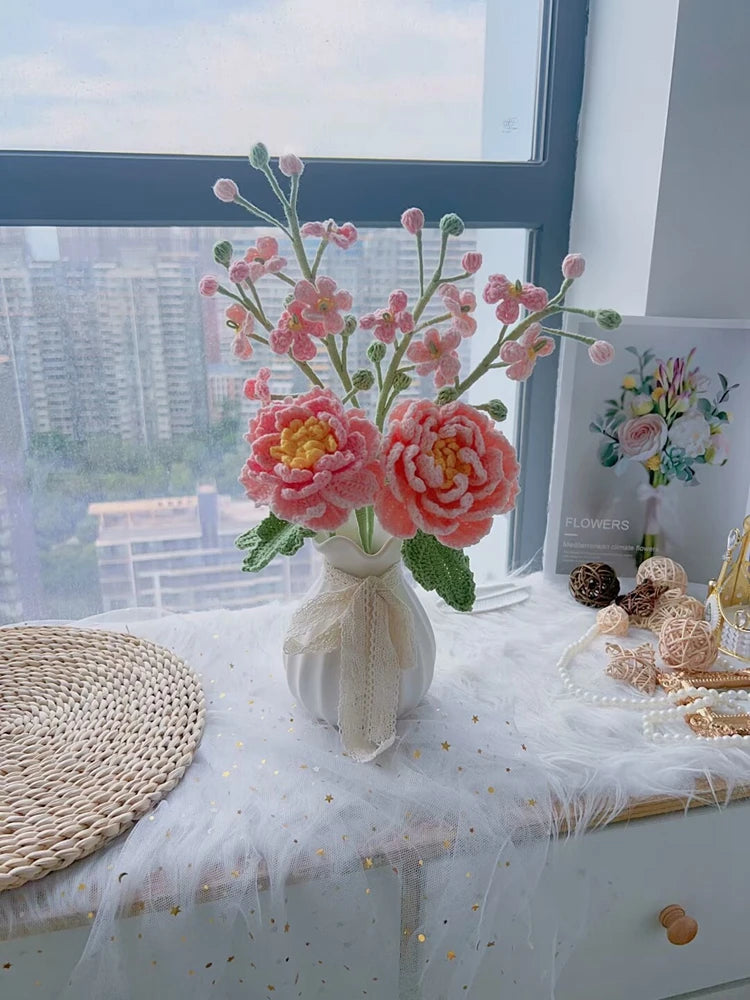 Handmade Crochet Flower Bouquet – Peony, Tulip & Rose Artificial Flowers for Wedding, Home Decor & Gift
