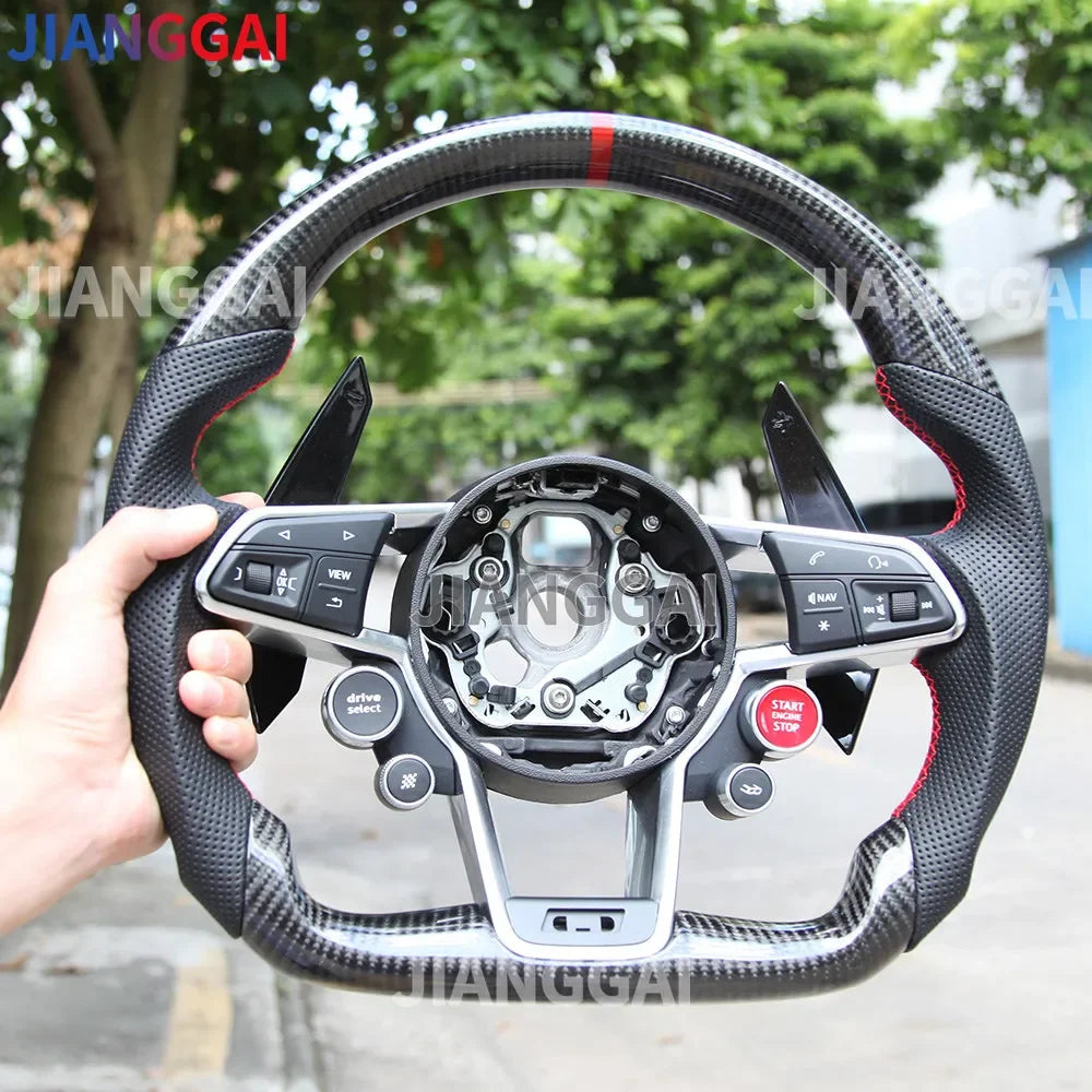Carbon Fiber Steering Wheel - Sport Racing Wheel with Paddle Shifts, Buttons & Trim for Audi R8 TT TTS 2016-2023
