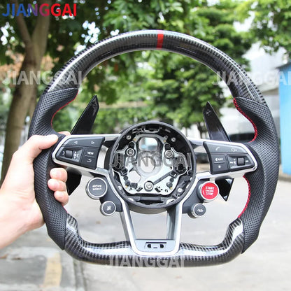 Carbon Fiber Steering Wheel - Sport Racing Wheel with Paddle Shifts, Buttons & Trim for Audi R8 TT TTS 2016-2023