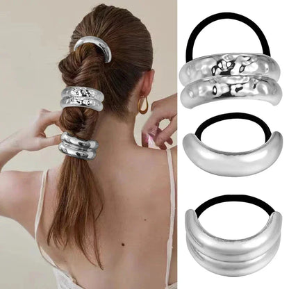 3PCS Geometric Hair Ties — Elastic Rubber Bands with Gold & Silver Metal Charms, Hair Cuffs for Women & Girls Accessories