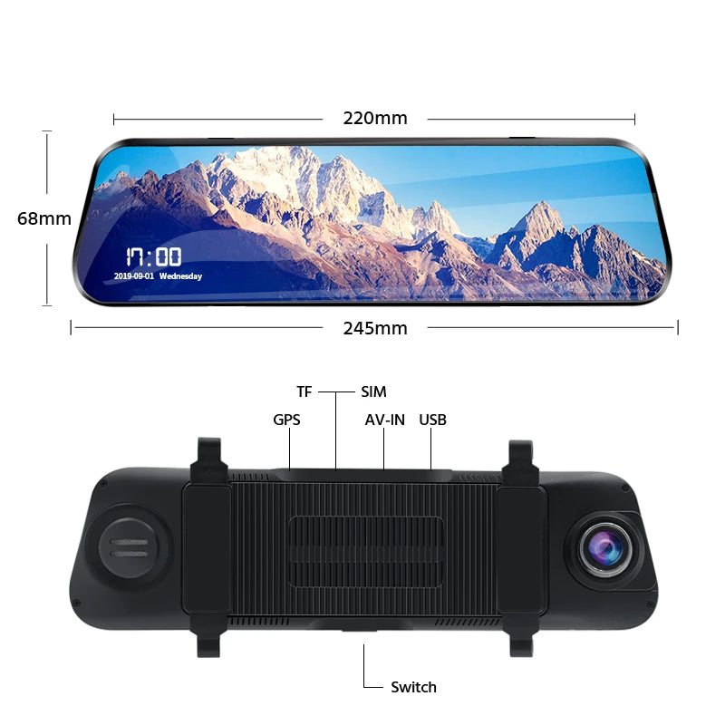 E-ACE 10'' 4G Android Dash Cam – FHD 1080P Dual Lens Rearview Mirror DVR with ADAS & Streaming