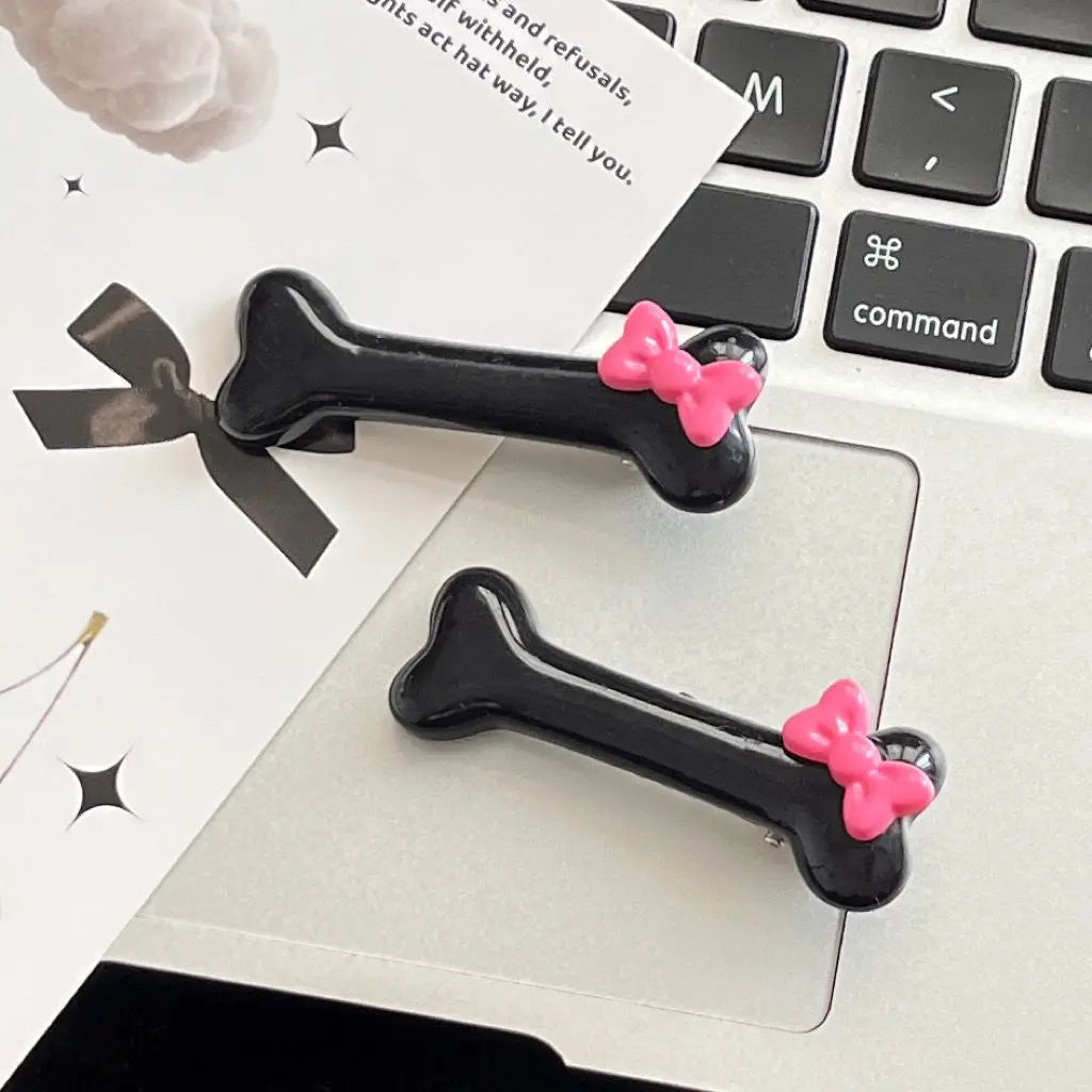 Kawaii Bow Dog Bone Hair Clips – Cute Black & White Bone Hairpins for Girls, Duckbill Barrettes Accessories