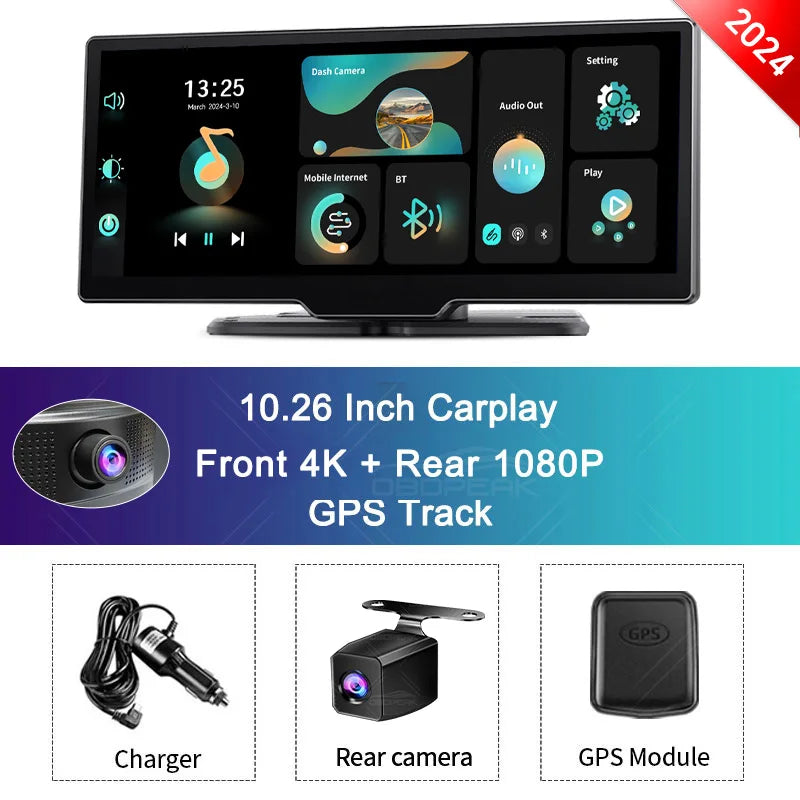 OBDPEAK K2 2.0 Dash Cam – 10.26" 4K Car DVR with CarPlay & Android Auto, GPS Navigation, Rearview Mirror Video Recorder