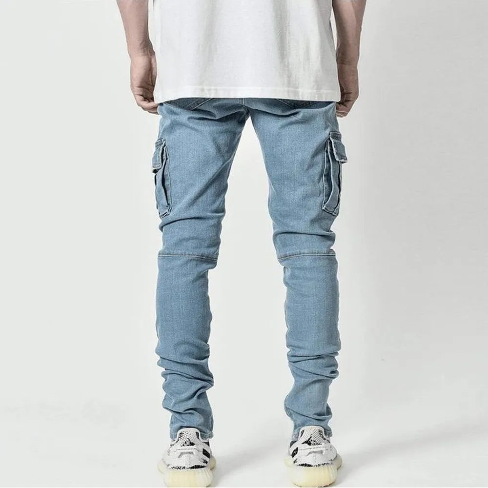 Men's Elastic Denim Cargo Pants - Casual Mid-Waist Jeans with Multi Pockets, Slim Fit Daily Wear Joggers in Solid Color