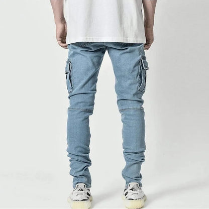 Men's Elastic Denim Cargo Pants - Casual Mid-Waist Jeans with Multi Pockets, Slim Fit Daily Wear Joggers in Solid Color