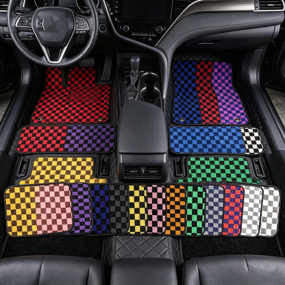 4PCS Universal Checkered Car Floor Mats - Anti-Slip Front & Rear Checkerboard Auto Carpet Foot Mats