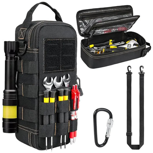 Heavy Duty Tool Bag - Portable Multi-Pocket Tool Organizer with Carabiner & Retractable Cord