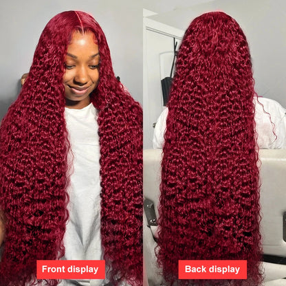 Deep Wave 99J Burgundy Lace Front Wig – 13x6 Lace Frontal Human Hair Wig, 13x4 Transparent Brazilian Colored Water Wave Wig