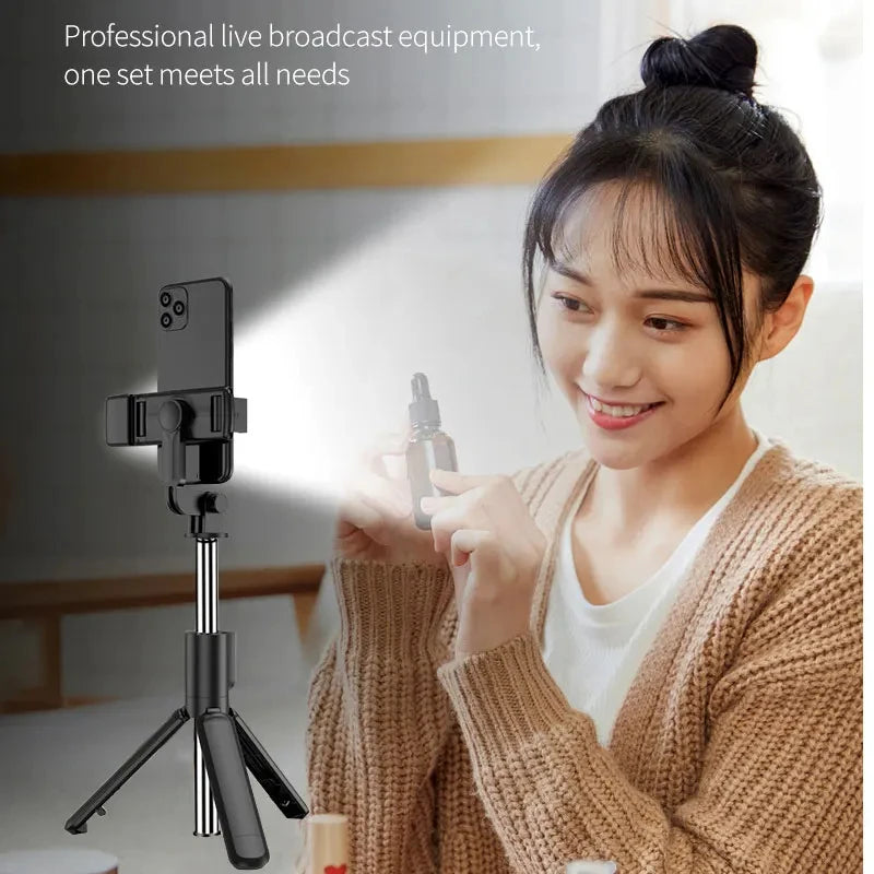 Wireless Bluetooth Selfie Stick & Tripod Stand – Fill Light with Remote Shutter for iPhone, Samsung, Xiaomi, Live Streaming Phone Holder